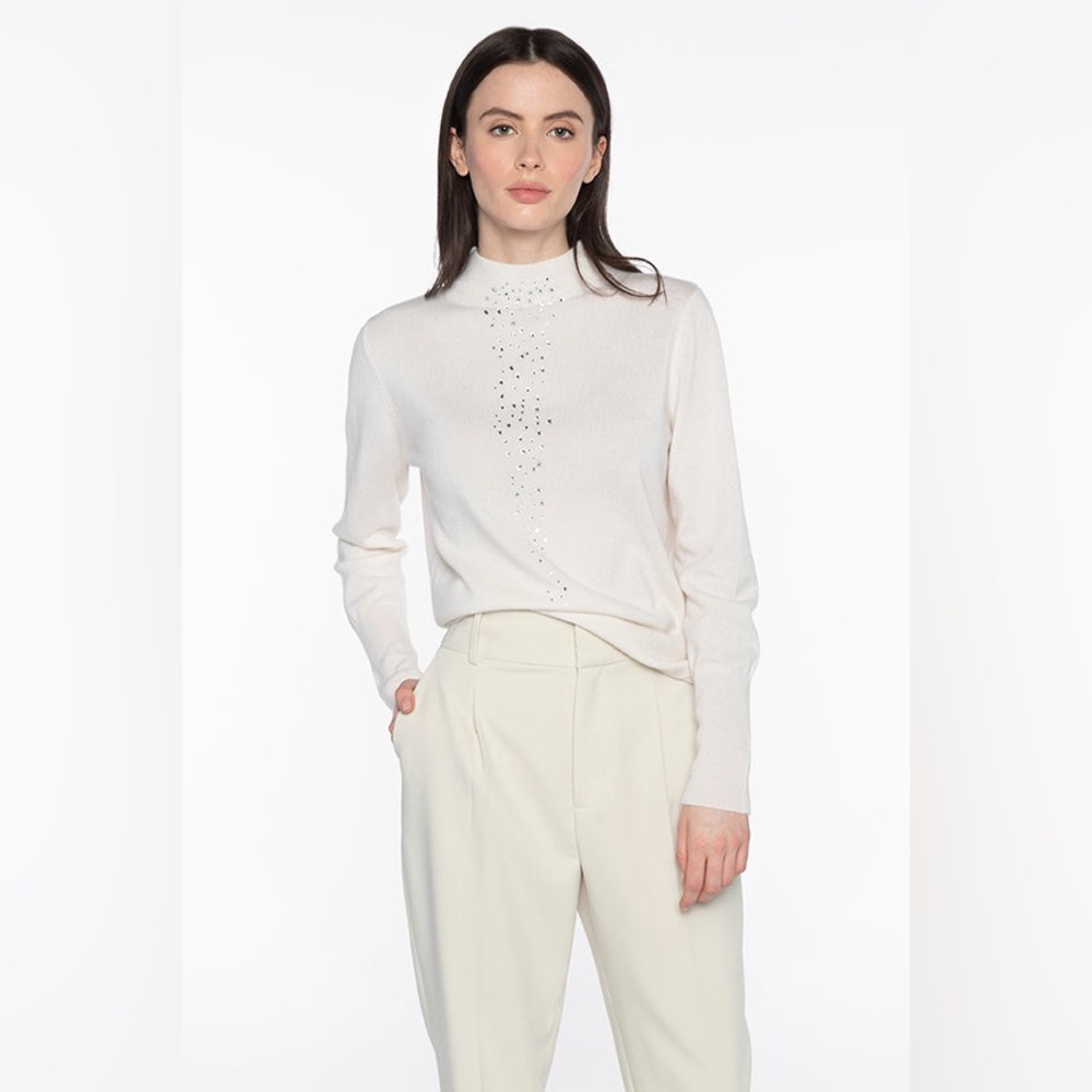 Kinross Cashmere Crystal Funnel 100% Cashmere Sweater Cream Silver Size Large